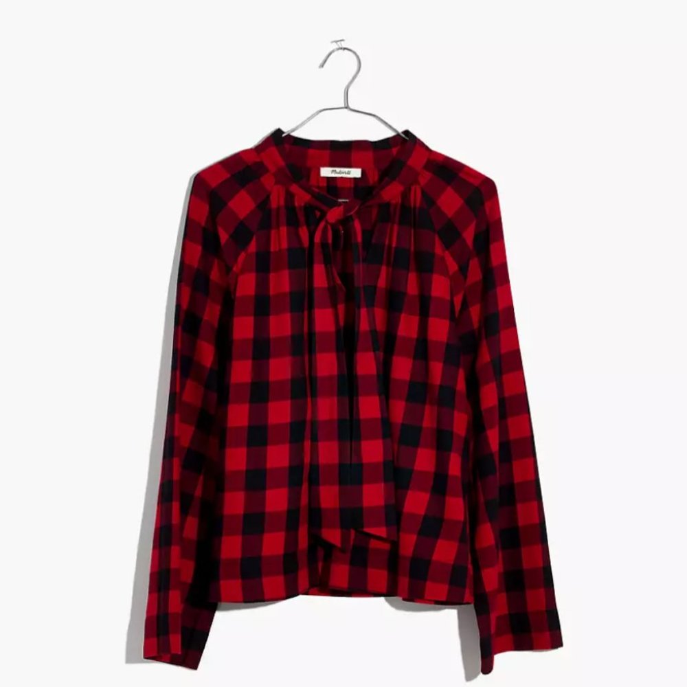 Madewell Tie-Neck Popover Shirt in Buffalo Check